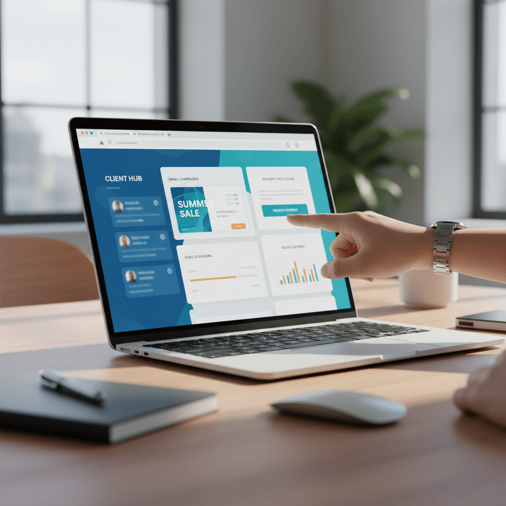 30 Second Websites dashboard displayed on laptop screen showing CRM and email tools