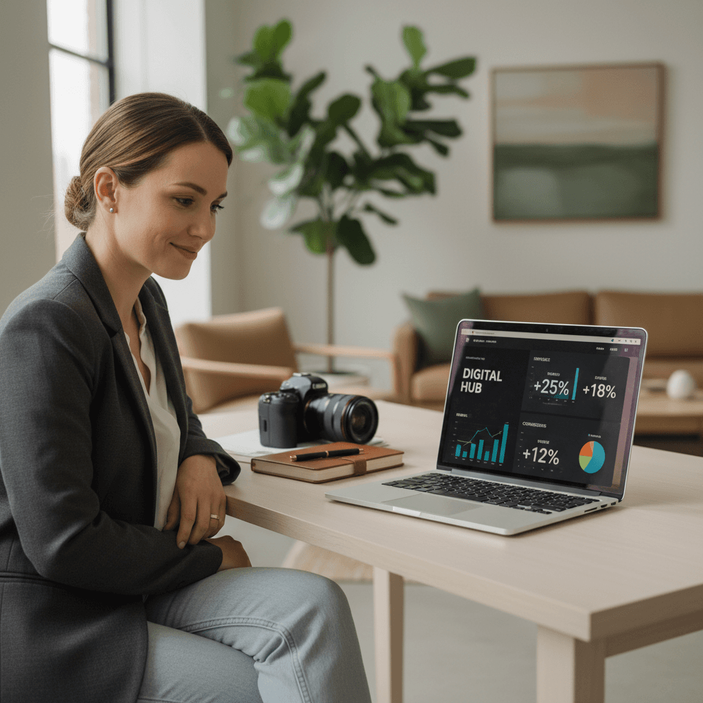 Small business owner reviewing their professional website on a laptop with satisfaction