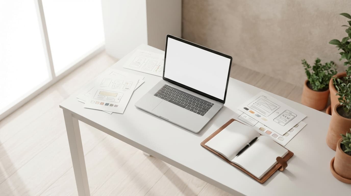 Designer workspace showing website design on laptop and mobile phone