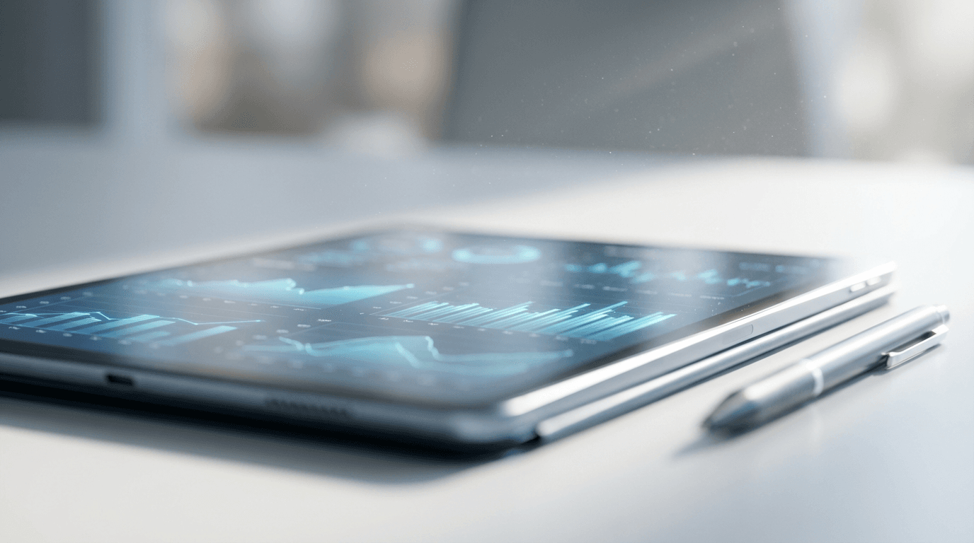 CRM interface displayed on tablet in professional workspace